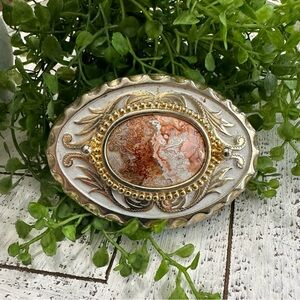 Vintage Oval Belt Buckle with Agate Resin Style Stone gold tone silver white